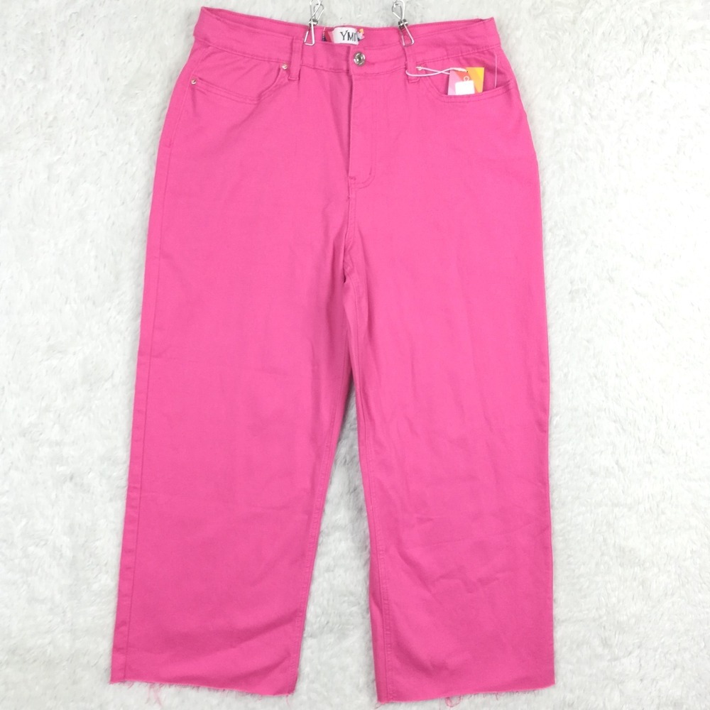 YMI Womens Jeans High Rise‎ Trouser Cropped Wide Leg Pink Denim Frayed XL New